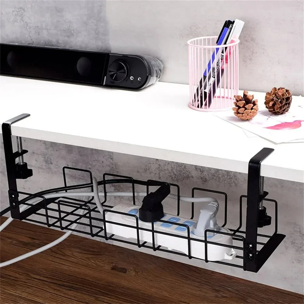 Under Table Storage Rack Metal Cable Management Tray Home Office Desk Wire Organizer No Punching Kitchen Storage Accessories Leedoar