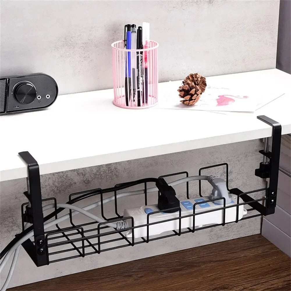 Under Table Storage Rack Metal Cable Management Tray Home Office Desk Wire Organizer No Punching Kitchen Storage Accessories Leedoar