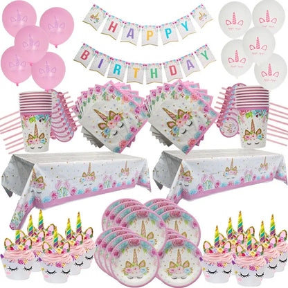 Unicorn Party Disposable Tableware Set Girl Birthday Party Decoration Unicornio Decor Plates Cup Banner Baby Shower Gift Leedoar