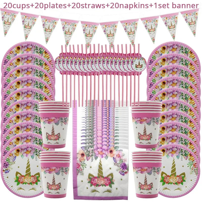 Unicorn Party Disposable Tableware Set Girl Birthday Party Decoration Unicornio Decor Plates Cup Banner Baby Shower Gift Leedoar