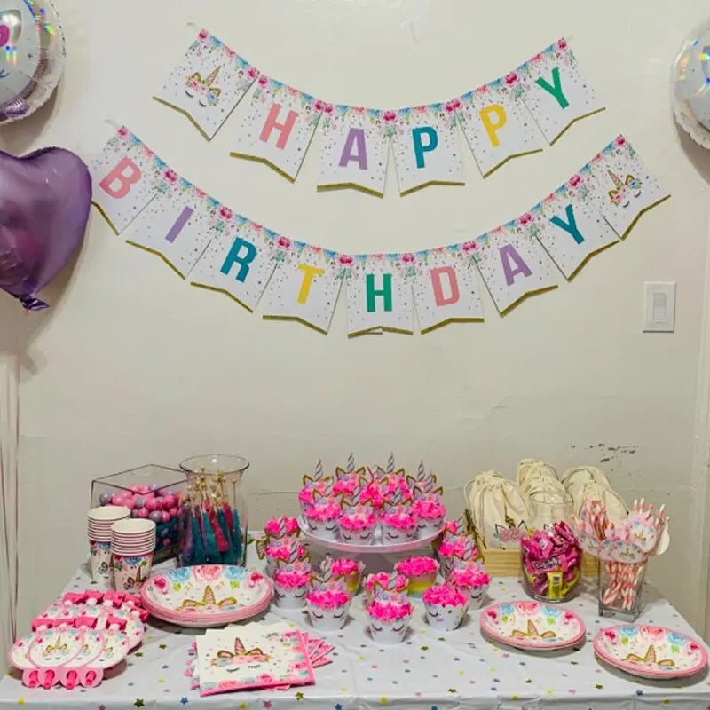 Unicorn Party Disposable Tableware Set Girl Birthday Party Decoration Unicornio Decor Plates Cup Banner Baby Shower Gift Leedoar