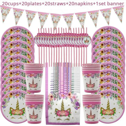 Unicorn Party Disposable Tableware Set Girl Birthday Party Decoration Unicornio Decor Plates Cup Banner Baby Shower Gift Leedoar