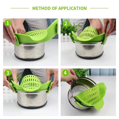 Universal Silicone Clip on Pan Pot Strainer Anti Spill Pasta Pot Strainer Food Grade Fruit Colander for Pasta Fruit Vegetable Leedoar