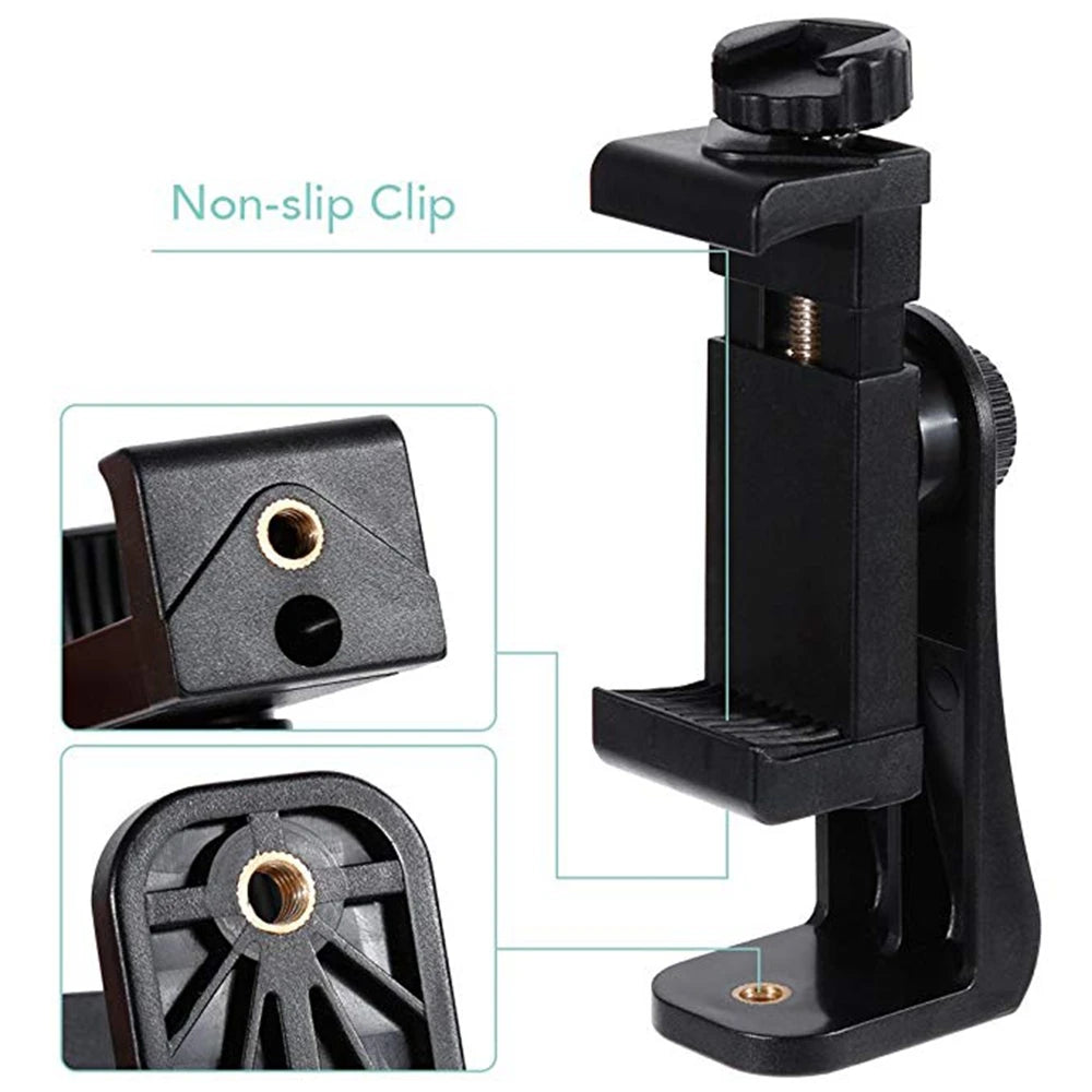 Adaptador de montaje en trípode universal, soporte de clip para teléfono celular, soporte vertical de 360 ​​grados con orificio para tornillo de 1/4, abrazadera ajustable para teléfonos inteligentes 