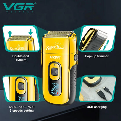 VGR 3-Speed Rechargeable Beard Electric Shaver For Men Hair Razor Bald Head Fade Shaving Machine Finishing Tool With Extra Mesh Leedoar