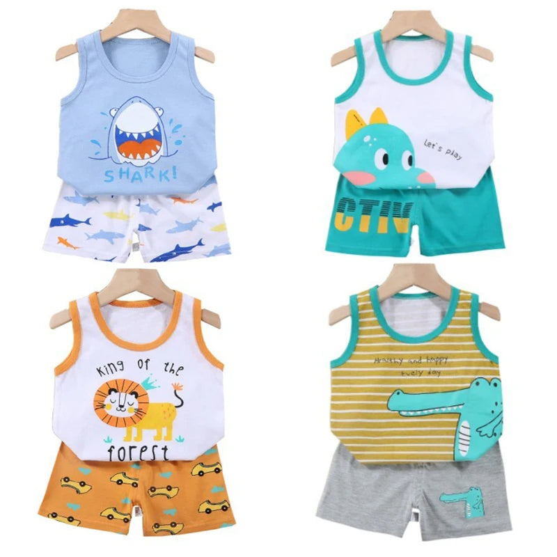 Vest+Shorts 2-Piece Clothing Set Cartoon Lion Pajamas Summer Kids Baby Boys Girls Cotton Casual Tracksuit Clothes Suit 1-6 Years Leedoar