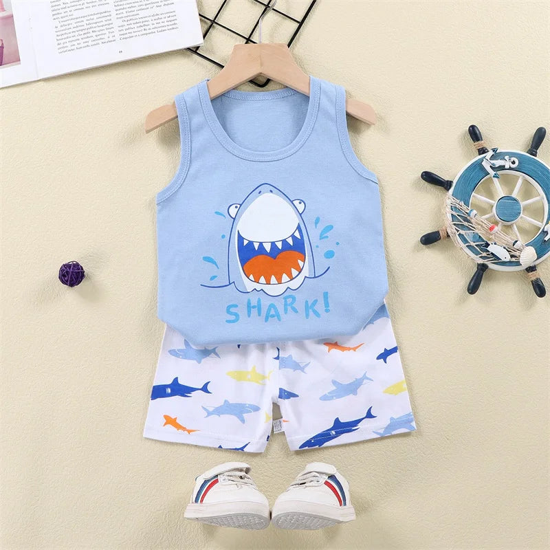 Vest+Shorts 2-Piece Clothing Set Cartoon Lion Pajamas Summer Kids Baby Boys Girls Cotton Casual Tracksuit Clothes Suit 1-6 Years Leedoar