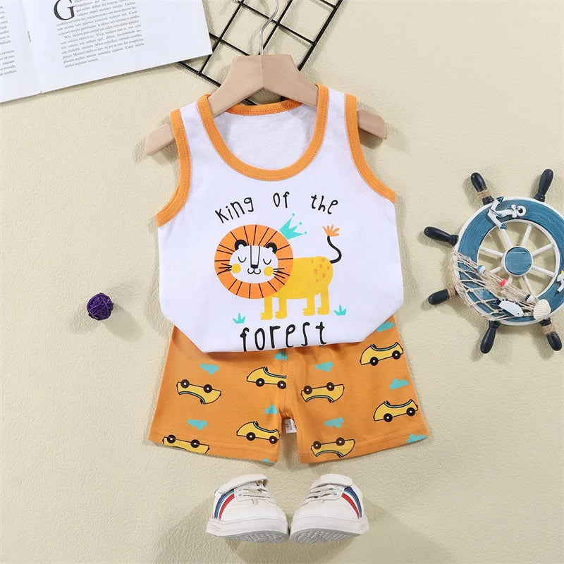 Vest+Shorts 2-Piece Clothing Set Cartoon Lion Pajamas Summer Kids Baby Boys Girls Cotton Casual Tracksuit Clothes Suit 1-6 Years Leedoar