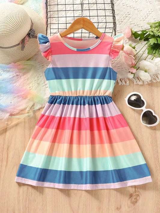 Vibrant Rainbow Stripes Princess Dress for Girls - Perfect for Beach Birthday Parties, and Summer Outfits Leedoar