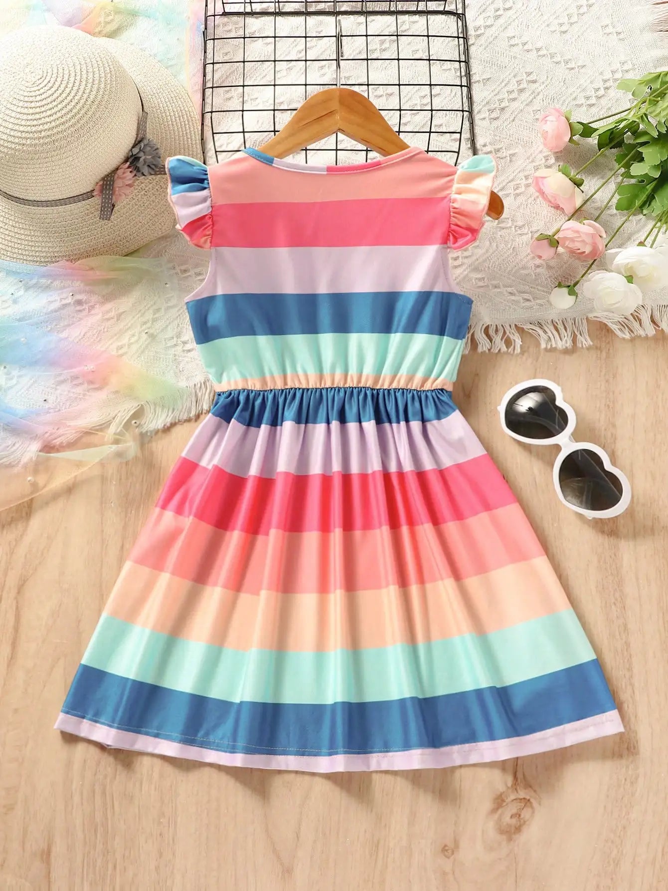 Vibrant Rainbow Stripes Princess Dress for Girls - Perfect for Beach Birthday Parties, and Summer Outfits Leedoar