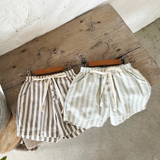 Vintage Linen Cotton Baby Boys Stripe Shorts Casual Buttons Pocket Design Baby Short Pants for Toddler Girls Clothing 0-24M Leedoar