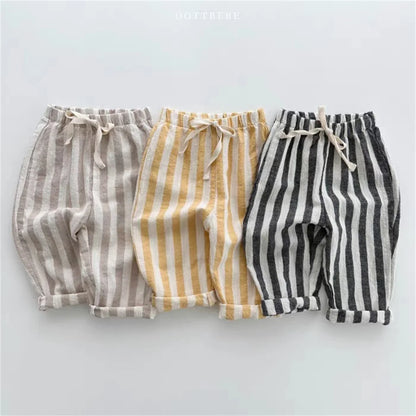 Vintage Linen Cotton Stripe Pants for Boys Casual Pocket Design Elastics Waist Pants for Toddler Girl Clothing Children Trousers Leedoar