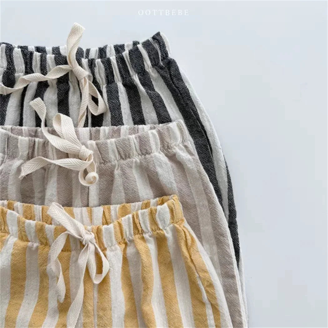 Vintage Linen Cotton Stripe Pants for Boys Casual Pocket Design Elastics Waist Pants for Toddler Girl Clothing Children Trousers Leedoar
