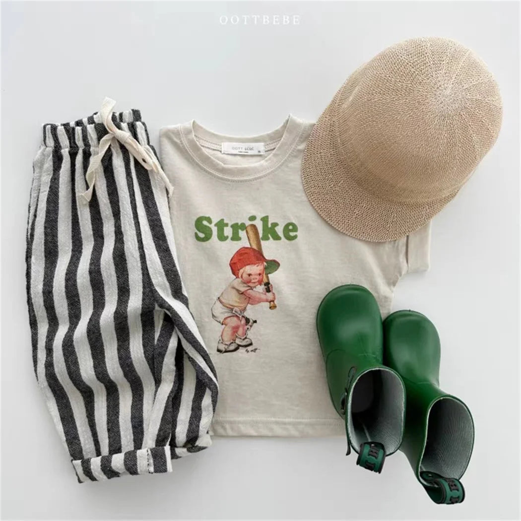 Vintage Linen Cotton Stripe Pants for Boys Casual Pocket Design Elastics Waist Pants for Toddler Girl Clothing Children Trousers Leedoar