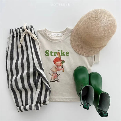 Vintage Linen Cotton Stripe Pants for Boys Casual Pocket Design Elastics Waist Pants for Toddler Girl Clothing Children Trousers Leedoar