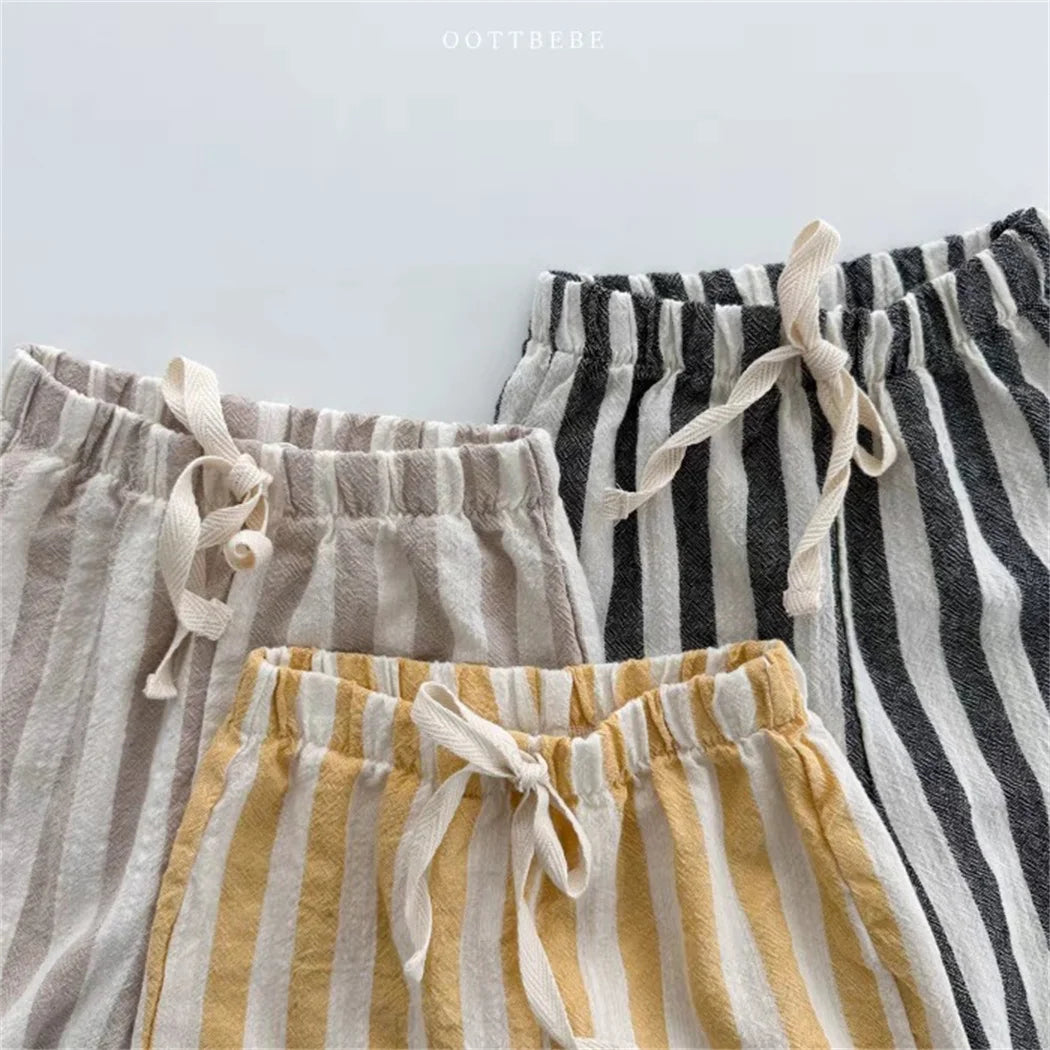Vintage Linen Cotton Stripe Pants for Boys Casual Pocket Design Elastics Waist Pants for Toddler Girl Clothing Children Trousers Leedoar