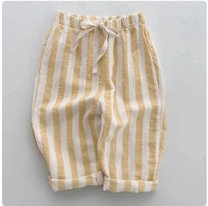Vintage Linen Cotton Stripe Pants for Boys Casual Pocket Design Elastics Waist Pants for Toddler Girl Clothing Children Trousers Leedoar