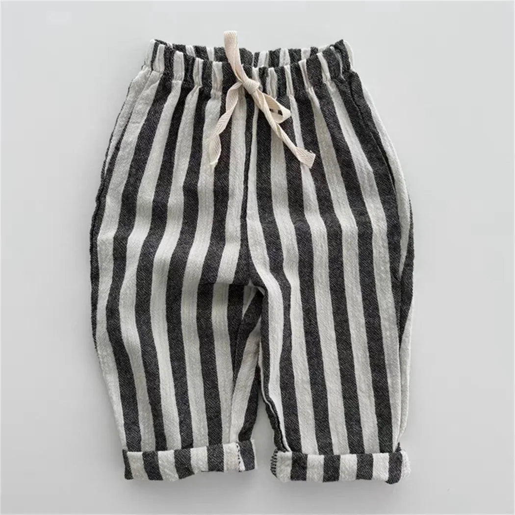 Vintage Linen Cotton Stripe Pants for Boys Casual Pocket Design Elastics Waist Pants for Toddler Girl Clothing Children Trousers Leedoar