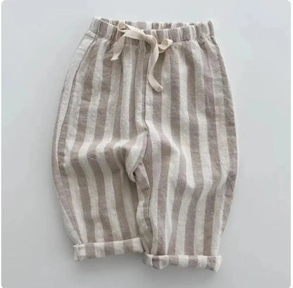 Vintage Linen Cotton Stripe Pants for Boys Casual Pocket Design Elastics Waist Pants for Toddler Girl Clothing Children Trousers Leedoar