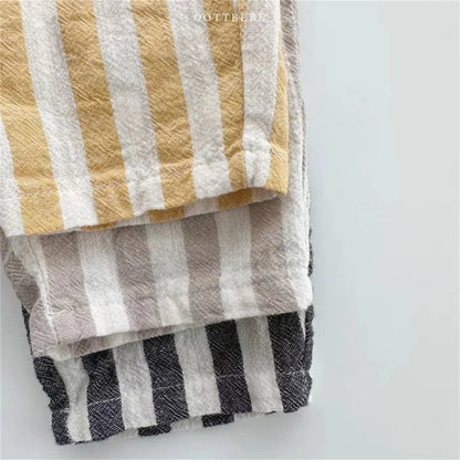 Vintage Linen Cotton Stripe Pants for Boys Casual Pocket Design Elastics Waist Pants for Toddler Girl Clothing Children Trousers Leedoar