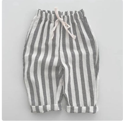 Vintage Linen Cotton Stripe Pants for Boys Casual Pocket Design Elastics Waist Pants for Toddler Girl Clothing Children Trousers Leedoar
