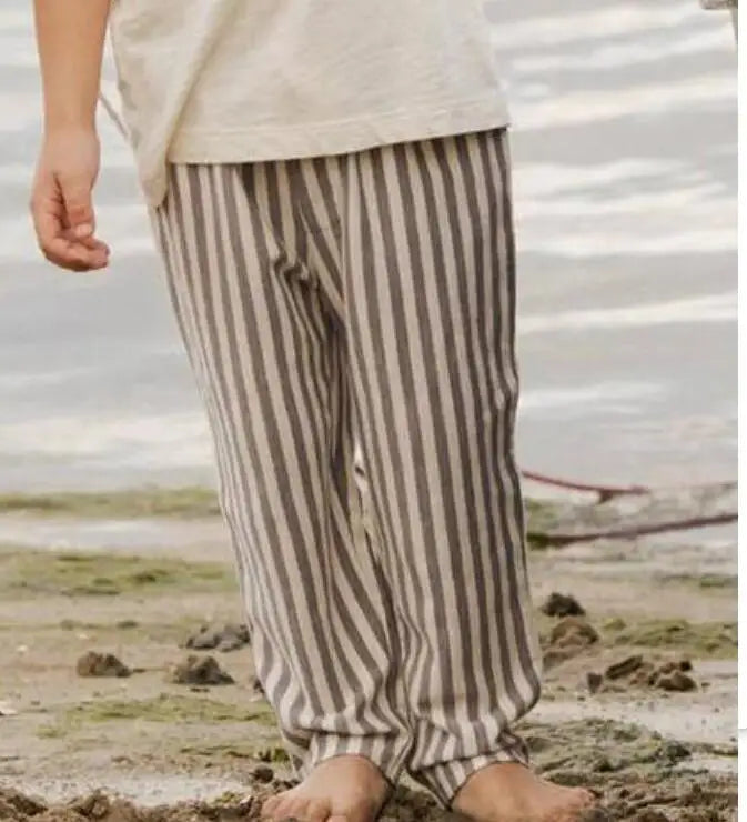 Vintage Linen Cotton Stripe Pants for Boys Casual Pocket Design Elastics Waist Pants for Toddler Girl Clothing Children Trousers Leedoar
