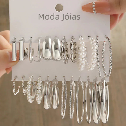 Vintage Silver Color Y2K Pearl Earrings for Women Geometry Round Circle Square Hoop Earring Set Fashion Female Jewelry Accessory Leedoar