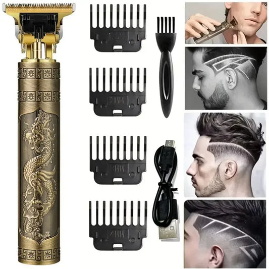 Máquina de cortar cabelo elétrica vintage T9, aparador de pelos profissional, barbeador masculino, recarregável, aparador de barbeiro para homens, dragão, buda 