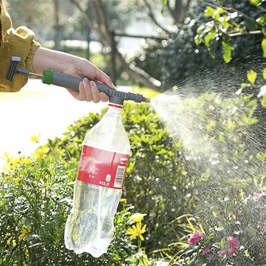 Rociador de riego de alta presión de agua para jardín de flores, cabezal rociador de pistola, interfaz de botellas de jugo, carrito de plástico 