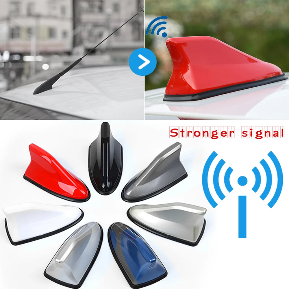 Antena de radio universal para coche, resistente al agua, con forma de aleta de tiburón, decorativa para techo, con base de cinta adhesiva y función de radio FM/AM 