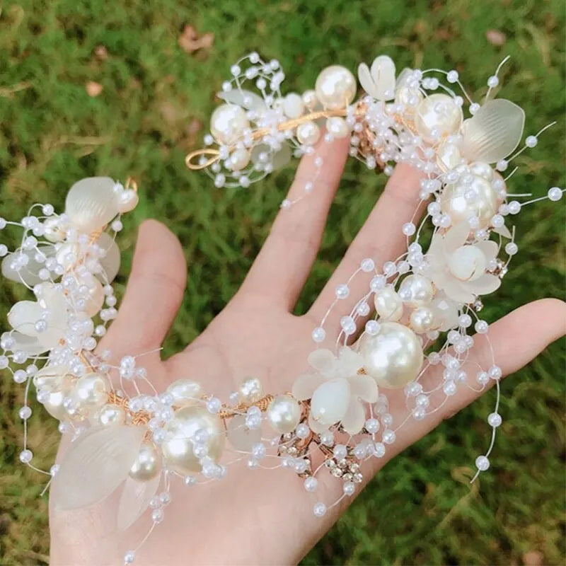 Acessório de casamento Coroa de noiva Cabelo Jóias de cristal Tiara com pérolas Flores Coroa de casamento Floral Pérola Faixa de cabeça de noiva 