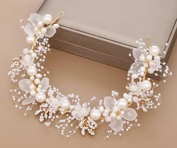 Acessório de casamento Coroa de noiva Cabelo Jóias de cristal Tiara com pérolas Flores Coroa de casamento Floral Pérola Faixa de cabeça de noiva 