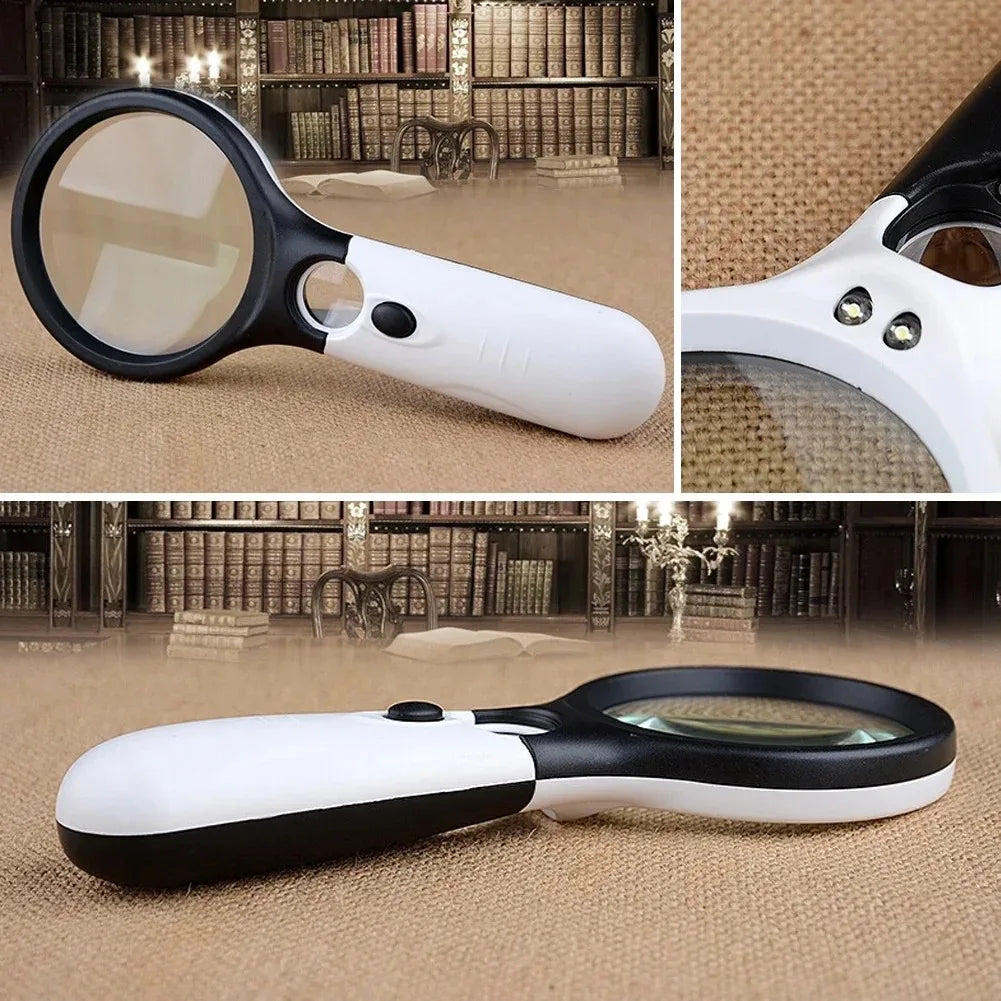 White Magnifying Glass Handheld 45X Magnifier With 3 LED Light For Reading Magnifying Glass Jewelry Loupe Leedoar