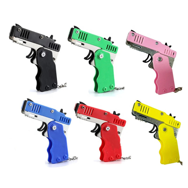 Wholesale Mini Rubber Bands Shoot Gun Alloy Material Multi Function 6 Colors Key Chain Collapsible Funny Mini Gun Toys For Kids Leedoar