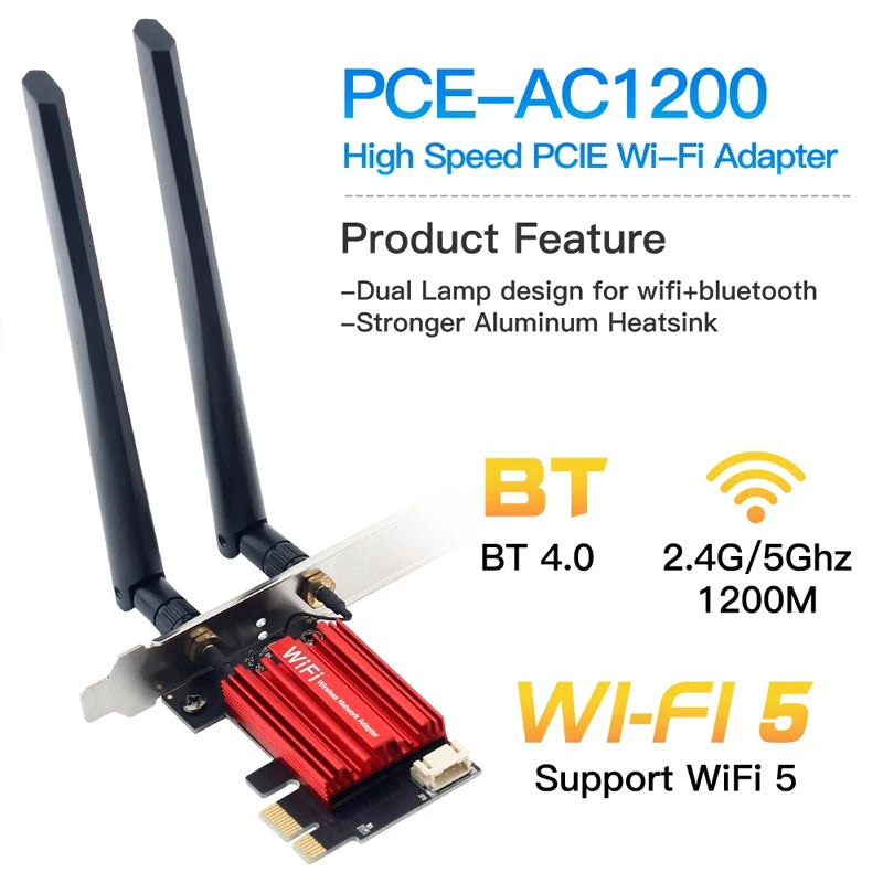 WiFi 5 PCI-E Wireless Adapter Network Card AC1200 Dual Band 2.4G/5GHz 802.11AC For Bluetooth 4.0 Desktop Laptop Windows 10 Leedoar