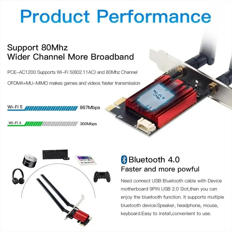 WiFi 5 PCI-E Wireless Adapter Network Card AC1200 Dual Band 2.4G/5GHz 802.11AC For Bluetooth 4.0 Desktop Laptop Windows 10 Leedoar