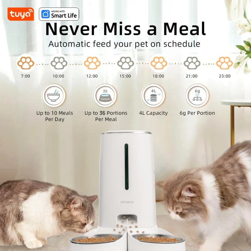 WiFi Automatic Cat Feeders for 2 Cats, 4L Cat Food Dispenser with APP Control, Double Stainless Steel Bowls, Low Food Alarms Leedoar