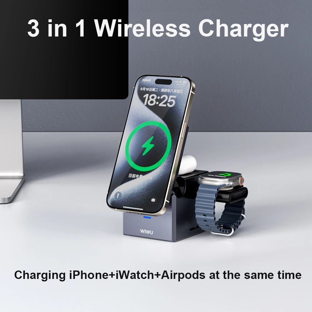 WiWU 3 in 1 Wireless Charger for iPhone 16 15 14 13 12 Universal Smart Charger for iWatch Earphone Mobile Phone Stand Charging Leedoar