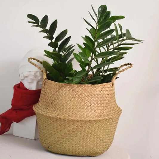 Wicker Basket Toy Organizer Folding Rattan Seagrass Storage Basket Laundry Woven Basket Plant Flower Pot For Home Garden Leedoar