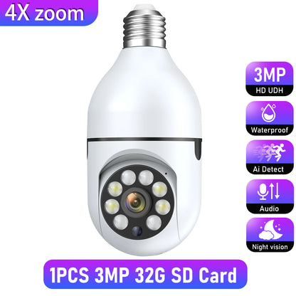 Wifi 3MP E27 Bulb Surveillance Camera Indoor 4X Digital Zoom AI Human Detect Full Color Night Vision Wireless Cameras Smart Home Leedoar