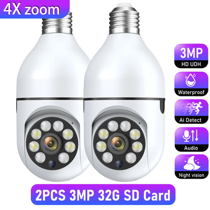 Wifi 3MP E27 Bulb Surveillance Camera Indoor 4X Digital Zoom AI Human Detect Full Color Night Vision Wireless Cameras Smart Home Leedoar