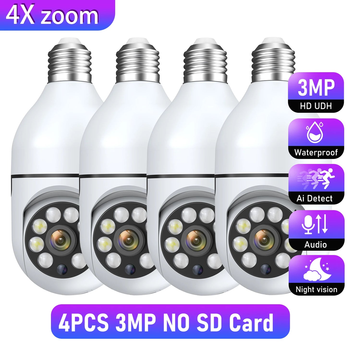 Wifi 3MP E27 Bulb Surveillance Camera Indoor 4X Digital Zoom AI Human Detect Full Color Night Vision Wireless Cameras Smart Home Leedoar
