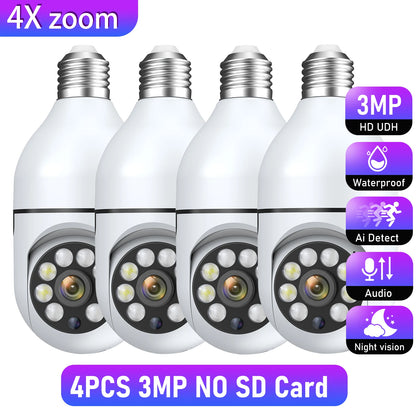 Wifi 3MP E27 Bulb Surveillance Camera Indoor 4X Digital Zoom AI Human Detect Full Color Night Vision Wireless Cameras Smart Home Leedoar