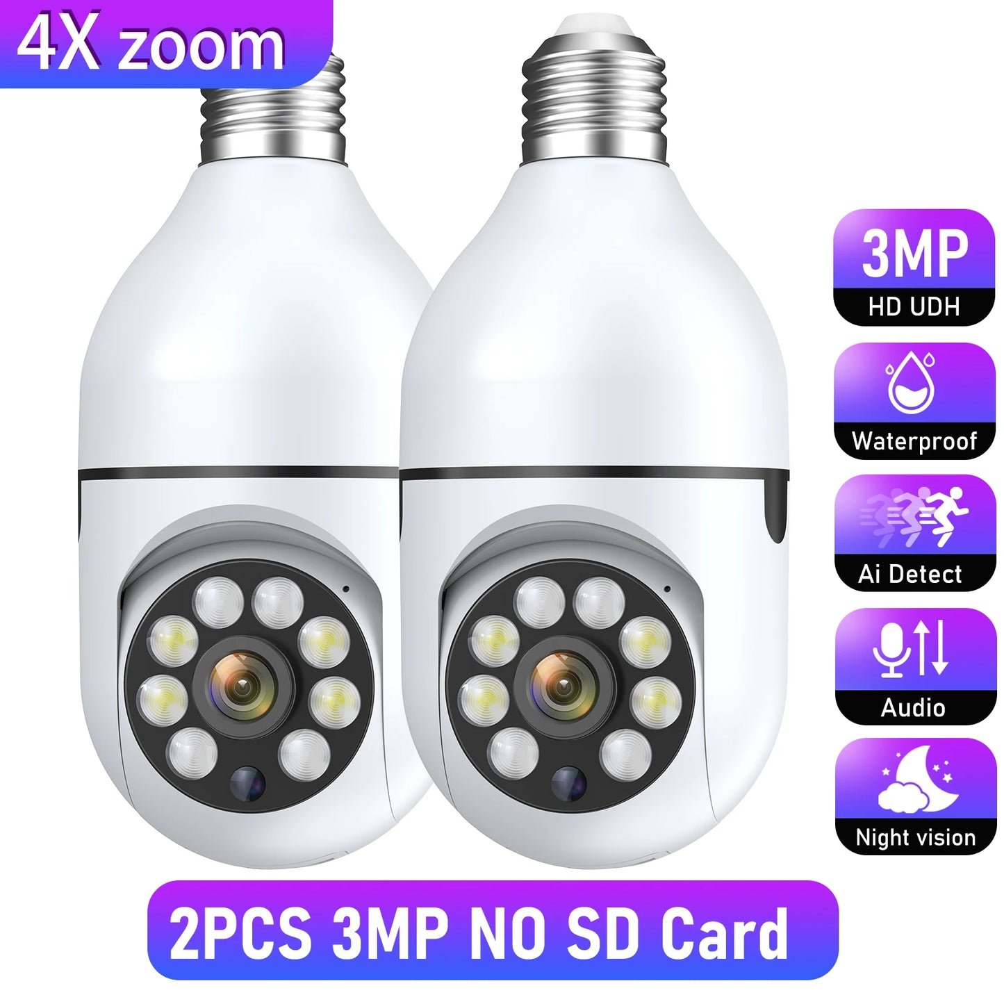 Wifi 3MP E27 Bulb Surveillance Camera Indoor 4X Digital Zoom AI Human Detect Full Color Night Vision Wireless Cameras Smart Home Leedoar