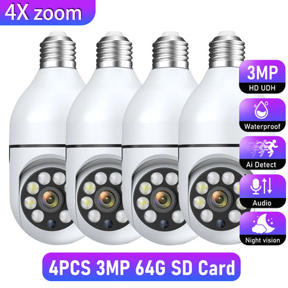 Wifi 3MP E27 Bulb Surveillance Camera Indoor 4X Digital Zoom AI Human Detect Full Color Night Vision Wireless Cameras Smart Home Leedoar