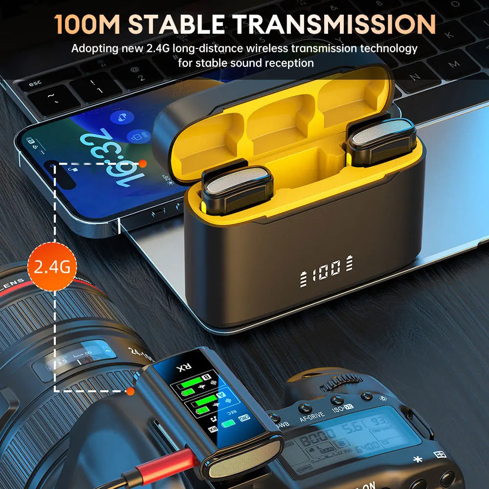 Micrófono de solapa inalámbrico con sonido estéreo y reducción de ruido doble con estuche de carga para teléfono, cámara de transmisión en vivo 