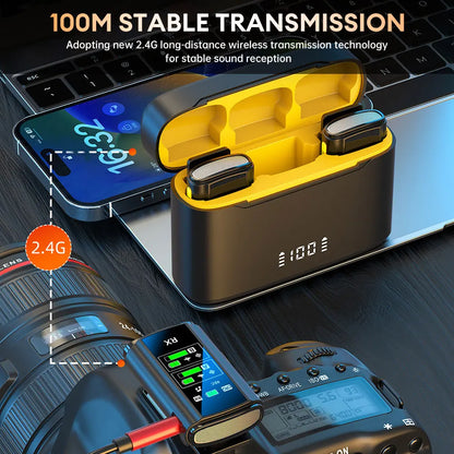 Microfone de lapela sem fio com redução de ruído duplo, som estéreo, microfone com estojo de carregamento para telefone, câmera de transmissão ao vivo 