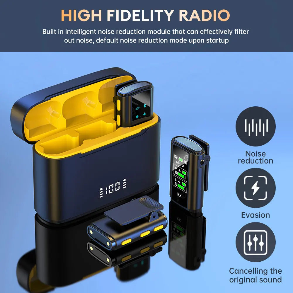 Microfone de lapela sem fio com redução de ruído duplo, som estéreo, microfone com estojo de carregamento para telefone, câmera de transmissão ao vivo 