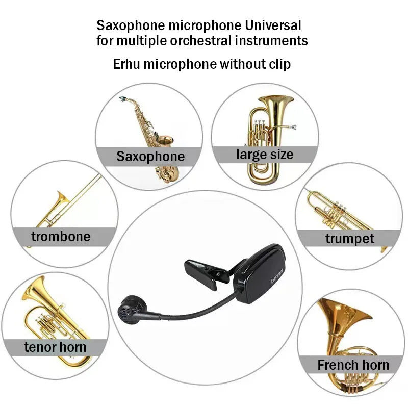 Micrófono inalámbrico adecuado para saxofón, trompeta, trombón, trompa y otros instrumentos de orquesta múltiple. Son universales. 