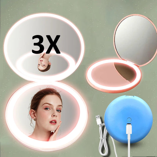 Espejo de bolsillo compacto para maquillaje plegable de 2 lados para mujer, personalizado, pequeño, con luz LED, efecto luminoso, color rosa y blanco 